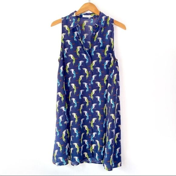 Equipment navy bird print silk sleeveless trapeze dress - Picture 1 of 2